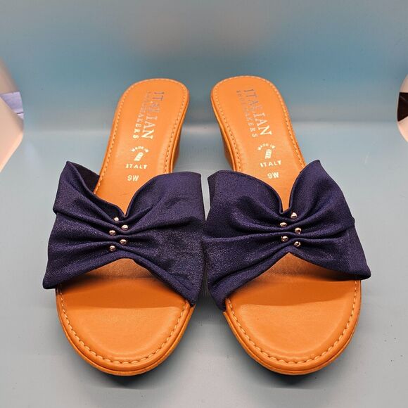 Italian Shoemakers‎ Navy Blue Triple Strap w Silver Accent Wedge Slip On 9W Wide - Picture 2 of 6